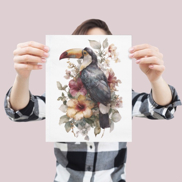 Watercolor Toucan with Flowers Wall Art Print, Unframed - Vibrant Tropical - Picture 4 of 7
